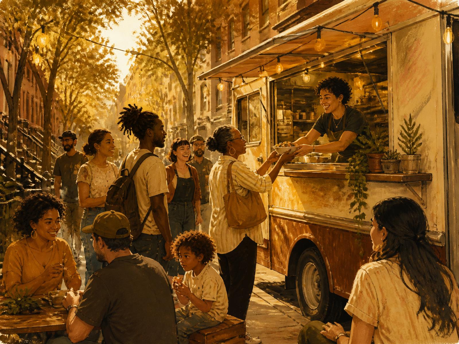 A warm golden-hour street scene in New York City: a friendly food-truck proprietor serves neighbors gathered around a mobile food vendor beneath string lights on a tree-lined sidewalk.